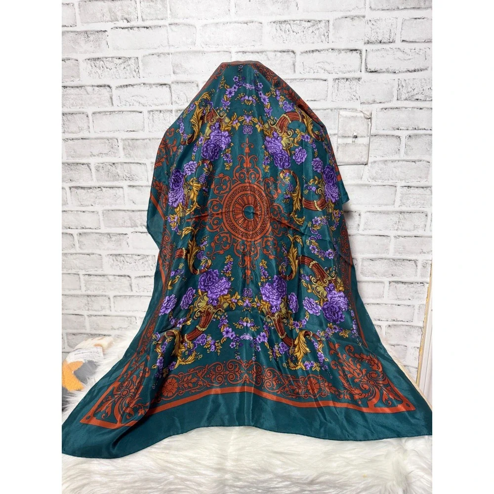 Specialty House Inc Vintage 100% Silk Scarf Teal Purple Floral Baroque Square